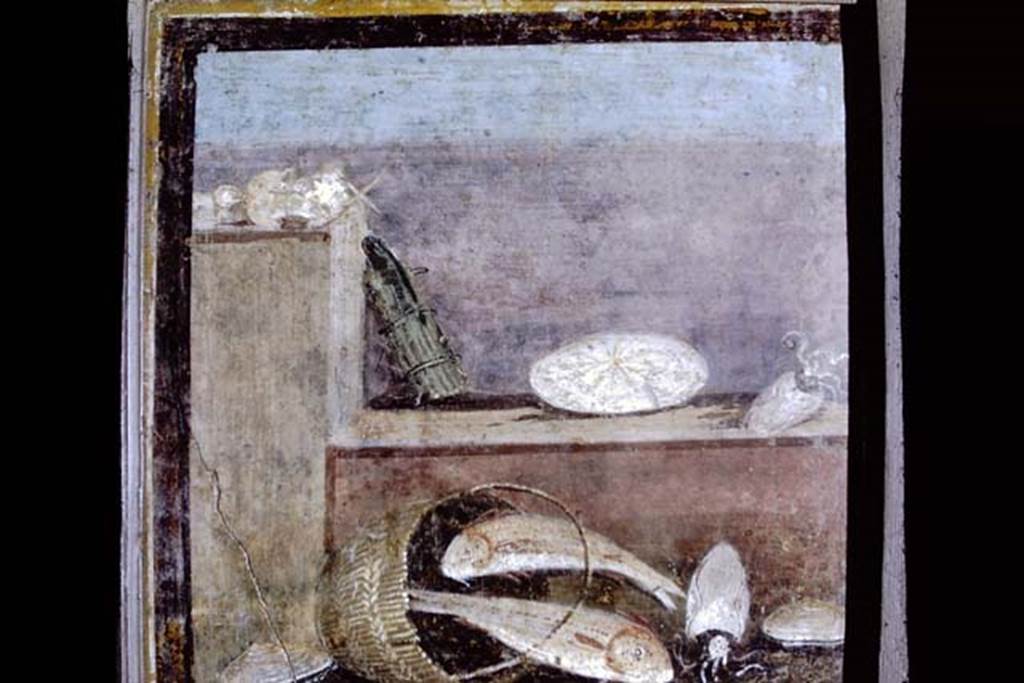 HGW24 Pompeii. 1968. Still life with fishes. Photo by Stanley A. Jashemski.
Source: The Wilhelmina and Stanley A. Jashemski archive in the University of Maryland Library, Special Collections (See collection page) and made available under the Creative Commons Attribution-Non-Commercial License v.4. See Licence and use details.
J68f0787
Now in Naples Archaeological Museum. Inventory number 8638.