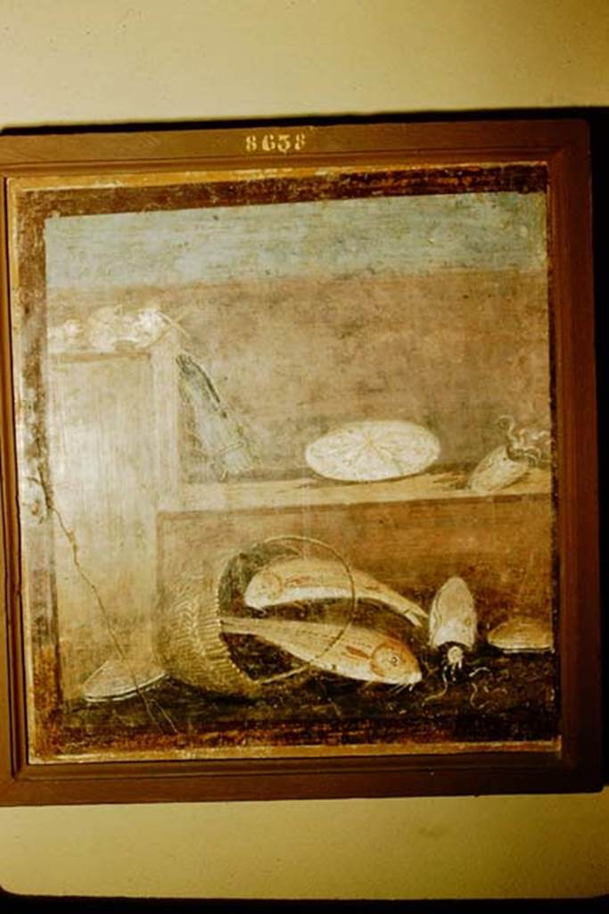 HGW24 Pompeii. 1957. Still life with fishes. Photo by Stanley A. Jashemski.
Source: The Wilhelmina and Stanley A. Jashemski archive in the University of Maryland Library, Special Collections (See collection page) and made available under the Creative Commons Attribution-Non-Commercial License v.4. See Licence and use details.
J57f0557
Now in Naples Archaeological Museum. Inventory number 8638.