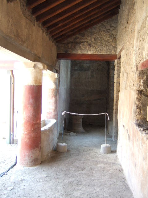 18 dolia at Villa Regina, Boscoreale. May 2006. Room 6, cella vinaria. After the grapes were pressed, the juice of the grapes was fermented in these dolia embedded in the courtyard.
According to the Boscoreale Antiquarium, this villa was used exclusively for the production of wine. This is shown by the presence of a torcularium and a cella vinaria. Paleo-botanic research has shown the presence of a vineyard which has today been replanted.