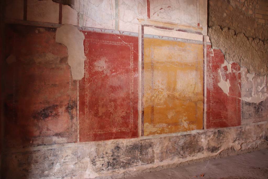 Villa Regina, Boscoreale. September 2021.
Triclinium IV, detail of painted III Style decoration on west wall. Photo courtesy of Klaus Heese.