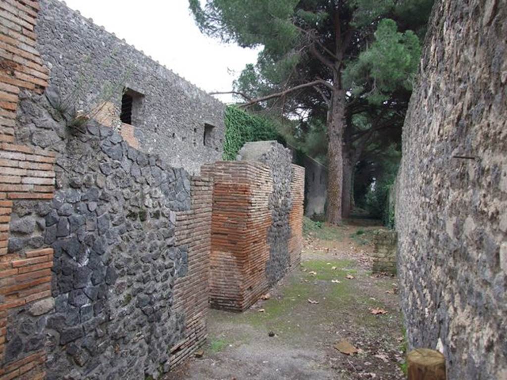 Unnamed vicolo between II.7 and II.8. Palestra on east side. Looking south from junction with Via della Palestra. December 2006.