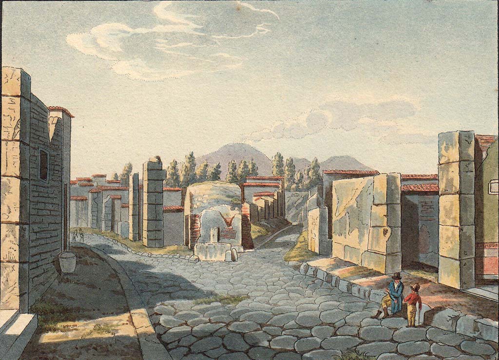Via Consolare at junction with Vicolo di Narciso.
Pre-1824 painting “Vue de Pompei en entrant par la Rue des Tombeaux” by Jakob Wilhelm Huber.
See Huber, J. W., 1824. Vues pittoresques des ruines les plus remarquables de l’ancienne ville de Pompei, pl. V.