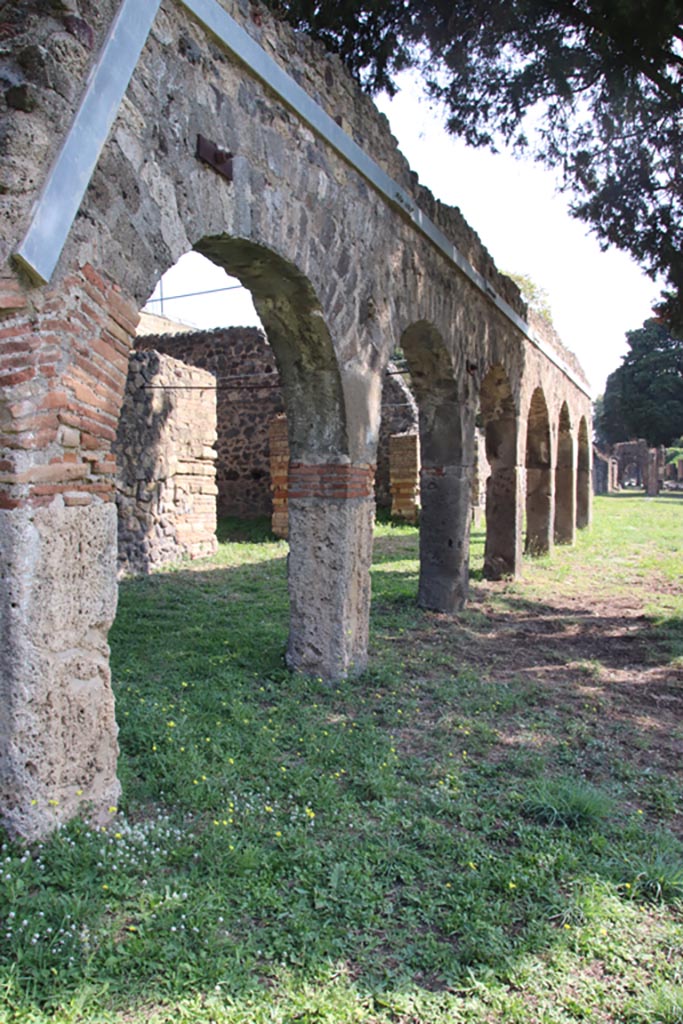 Via dei Sepolcri, east side, Pompeii. October 2023. 
Looking south along exterior colonnade. Photo courtesy of Klaus Heese.
