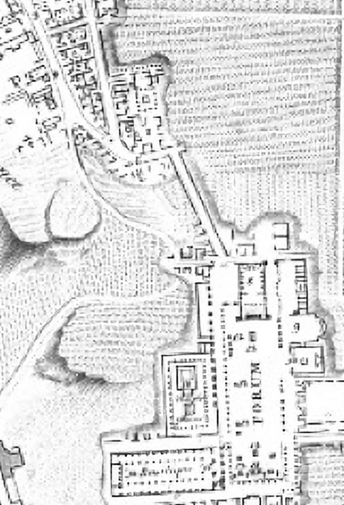 Plan of Forum area, c.1819, drawn by H. Wilkins.
VI.6.1, Pansa� House is shown at the top of the straight roadway leading down towards the Forum.
This would seem to show that the way between the north end of the Forum and Pansa�s House (as mentioned in the Gell drawings above) would have been along the line of the (present) Vicolo delle Terme. 
Perhaps the drawings were from the north side of Vicolo dei Soprastanti (VII.5.14-17) or as already mentioned from VII.6.14/15.  
Only a small section of the Via del Foro on the north-east side of the Forum would appear to have been excavated, as yet.
See Wilkins H, 1819. Suite de Vues Pittoresques des Ruines de Pompei, Rome, p.5, Pl. II.
