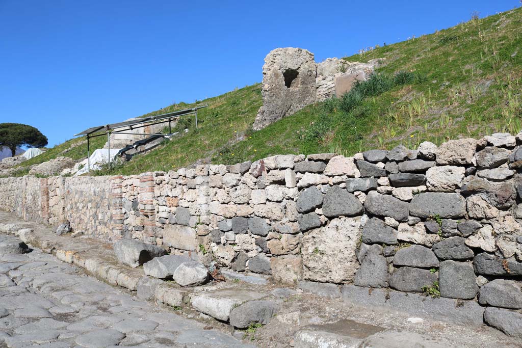 Via del Vesuvio, Pompeii. December 2018.
Looking north along east side of roadway, with wide threshold of doorway to V.6.2, on right. Photo courtesy of Aude Durand.