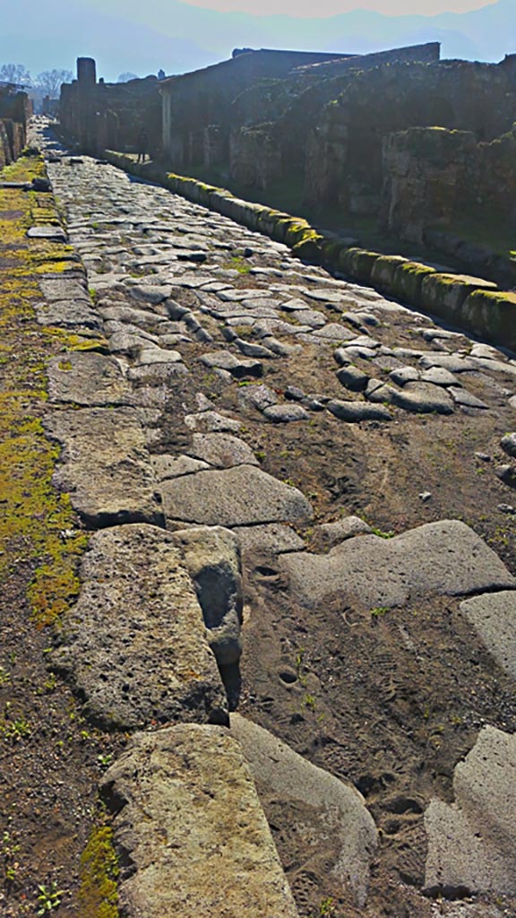 Via del Vesuvio, Pompeii. December 2019.
Looking south across roadway between V.6 and V.16. Photo courtesy of Giuseppe Ciaramella.