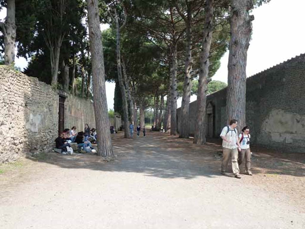 Via di Castricio, May 2010. Looking east between II.2 and II.7. Along the north wall of the Palestra, on the right in this picture, many graffiti (not now visible) were found. See Varone, A. and Stefani, G., 2009. Titulorum Pictorum Pompeianorum, Rome: L�erma di Bretschneider.  (p. 222-4).