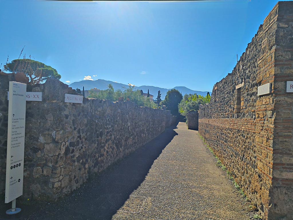 Vicolo dei Fuggiaschi, Pompeii. October 2024.
Looking south from junction with Via della Palestra, between I.20 and I.21. Photo courtesy of Giuseppe Ciaramella.