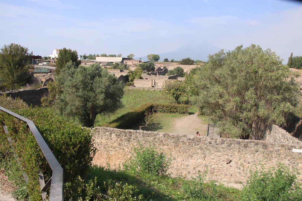 Garden of Fugitives at I.21/6, Pompeii. October 2023.
Looking north across garden, with Vicolo dei fuggiaschi, on right. Photo courtesy of Klaus Heese.