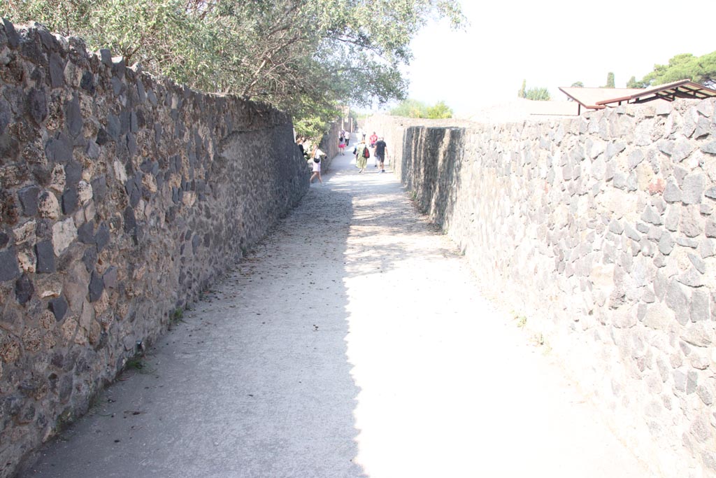 Vicolo dei Fuggiaschi, Pompeii, October 2023.
Looking north from between I.21 and I.20 from the south end of the vicolo, with doorway to I.21.6, centre left. Photo courtesy of Klaus Heese.