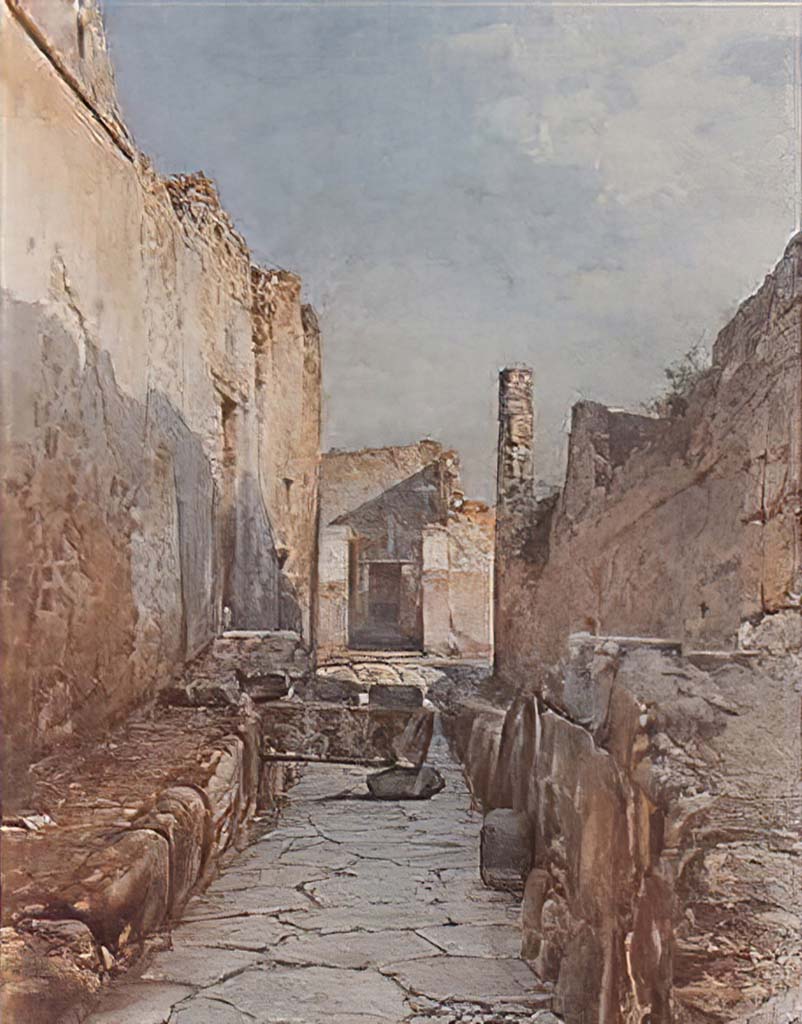 VII.6.37 Pompeii. Vicolo del Farmacista. September 1915. Watercolour by Luigi Bazzani.
Looking south from between VII.6.38 and 37, on left, towards junction with Vicolo dei Soprastanti.
Now in Naples Archaeological Museum, inv. no. 139431.
According to NdS,
To the left of the entrance doorway, was found across the roadway, a large parallelepid of Sarno stone, which did not reach to the pavement opposite, but rested with the extremity projecting onto a stone of lava. This was used to facilitate the passage onto the pavement opposite, and at the same time did not impede the rainwater.
The ground was paved; and almost in the entire left half of the eastern side of the vicolo, there are no doorways and the wall preserved remains of a high signinum zoccolo/plinth.
See Notizie degli Scavi, 1910, (p.438)