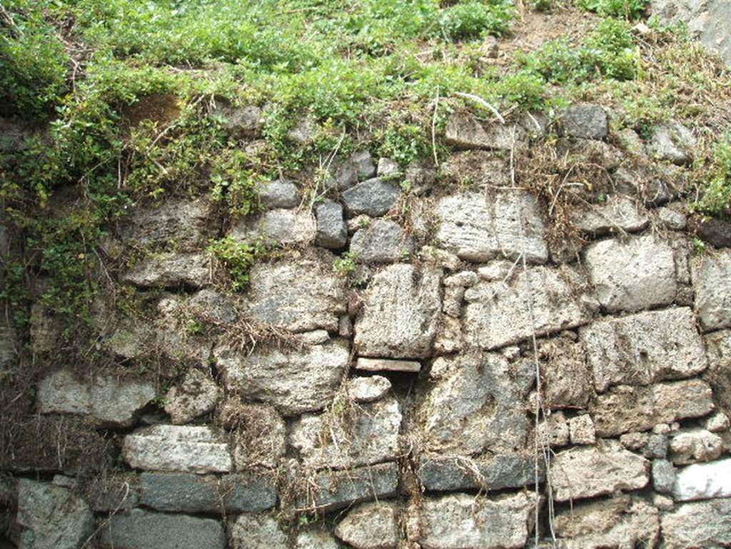 Vicolo delle Nozze d’Argento. May 2005. Looking north at blocked (partly unexcavated) road. 
In 2018 excavation started here and the cleared road is being referred to as a continuation of Vicolo di Cecilio Giocondo.
The initial part of the continuation of Vicolo di Cecilio Giocondo was investigated between V.6 and V.7 to the North, after the intersection with the vicolo delle Nozze d’Argento.
Well visible, in section, is the height of the pumice layer that covered the city in the first phase of the eruption. 
At the pavement level of the vicolo, which has no paving stones, is a beaten floor made up of mixed earth with various waste material (animal bones, ceramic fragments, a fishing hook, etc.). 
On the east wall of the vicolo a white painted tabula ansata is partially visible, which was probably destined to host an inscription, perhaps a sign or an electoral inscription.
