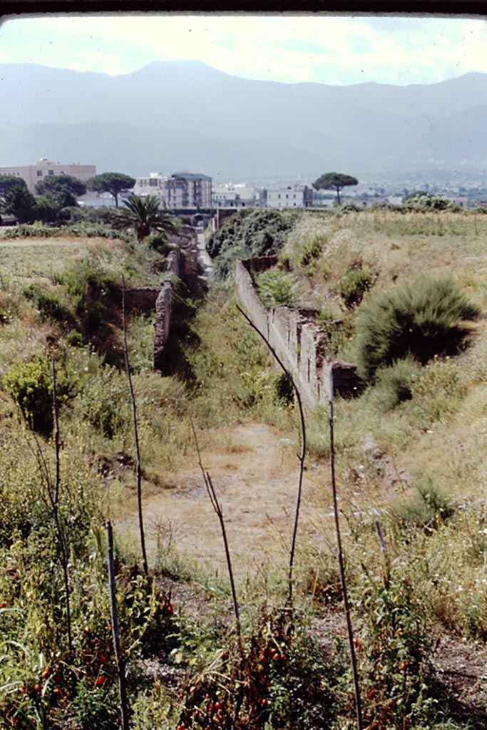 Vicolo di Ifigenia between III.4 and III.3, Pompeii. 1968. North end.
Looking south towards Nocera Gate and modern Pompeii, from the unexcavated area.
Photo by Stanley A. Jashemski.
Source: The Wilhelmina and Stanley A. Jashemski archive in the University of Maryland Library, Special Collections (See collection page) and made available under the Creative Commons Attribution-Non Commercial License v.4. See Licence and use details.
J68f0857