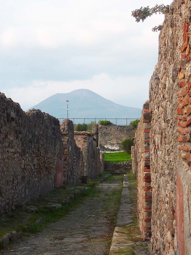 Vicolo di Modesto. November 2021.
Looking north from between VI.5.9 and 8, on right, with VI.2, on left. Photo courtesy of Hélène Dessales