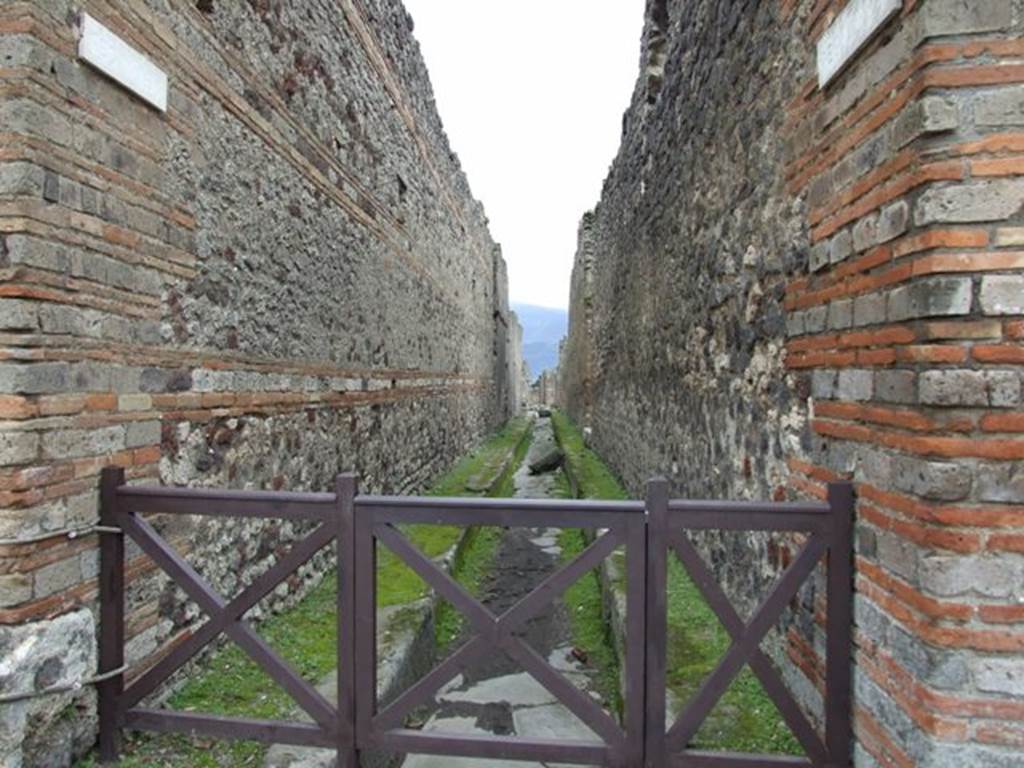 Vicolo di Tesmo between IX.5 and IX.4. Looking south from Via di Nola. March 2009.