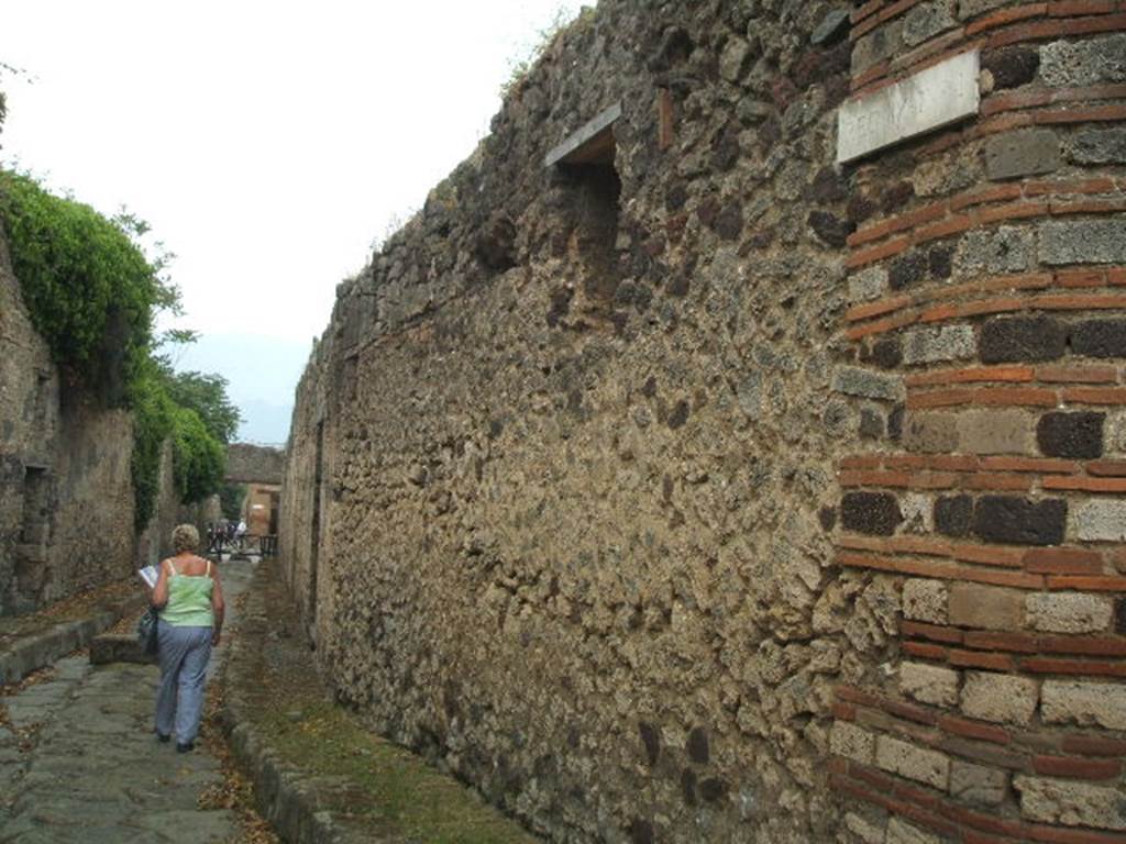 Vicolo di Tesmo between IX.1 and IX.7. July 2011. Looking north from Via dell’Abbondanza towards side wall of IX.7.13. Photo courtesy of Rick Bauer.