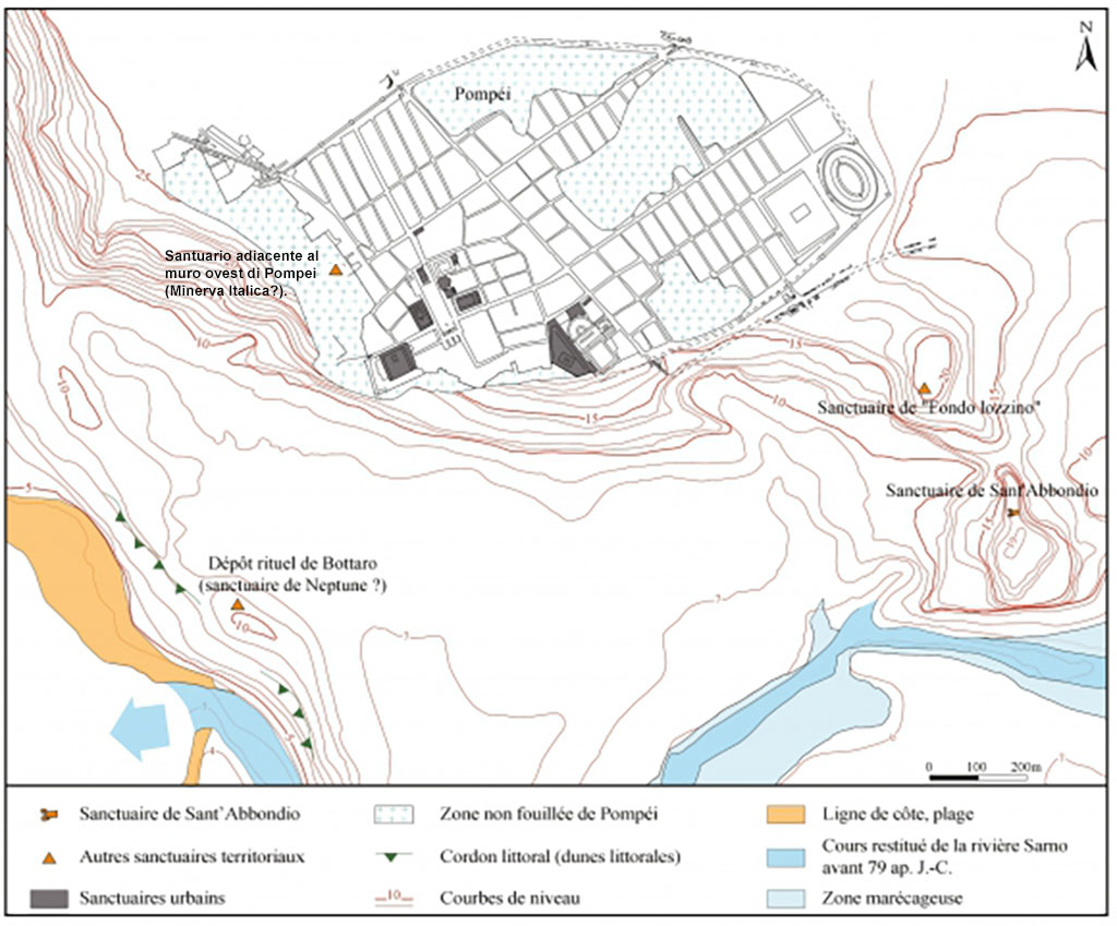 Località Case Bottaro, Tempio di Nettuno. Temples Plan after Guzzo 2005, p. 12-13, amended to include the Sanctuary adjacent to the west wall of Pompeii.
According to Guzzo, it is possible that Pompeii had gradually downgraded the archaic Stabian settlement’s role as a port. 
Pompeii’s predominance was facilitated by the control it could exercise on the mouth of the Sarno, located just south of the fortified hill of the city.
On the right bank of the mouth of the Sarno is attested, at least from the fifth century BC, the Sanctuary of Poseidon at Bottaro.
The approximate chronological coincidence between the end of the Stabian necropolis and the establishment of the cult at Bottaro seems significant.
See Guzzo P., in Dobbins, J. J. and Foss, P. W., 2008. The World of Pompeii. Oxford: Routledge, p. 3.
