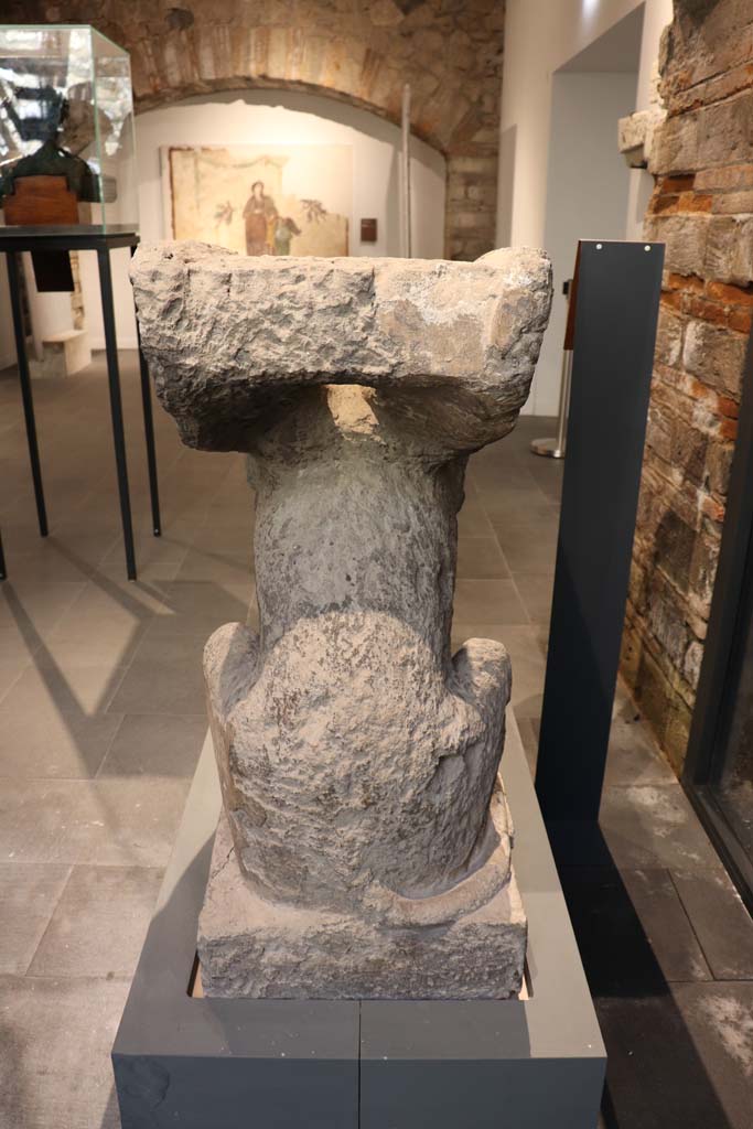 From Farm of Fondo Prisco, Boscoreale. February 2021. 
Rear of Tufa Sphynx-shaped tombstone re-used as a kerbstone, on display in Pompeii Antiquarium.
Photo courtesy of Fabien Bi�vre-Perrin (CC BY-NC-SA).
