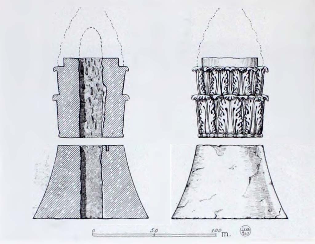 HGE04 Pompeii. 1943 drawing by L. Oliva of the cone and capital found by Maiuri who suggests they would have been joined on a wooden axis.
According to Maiuri adding a terminal element to the acanthus shaped capital, as represented in this drawing, would form a conical acroterion with acanthus motives.
This acroterion, due to the very place of the discovery, could only belong to the monumental tomb no. 4, and would have constituted its terminal element.
See Notizie degli Scavi di Antichit�, 1943, p. 303-4, fig. 18.
