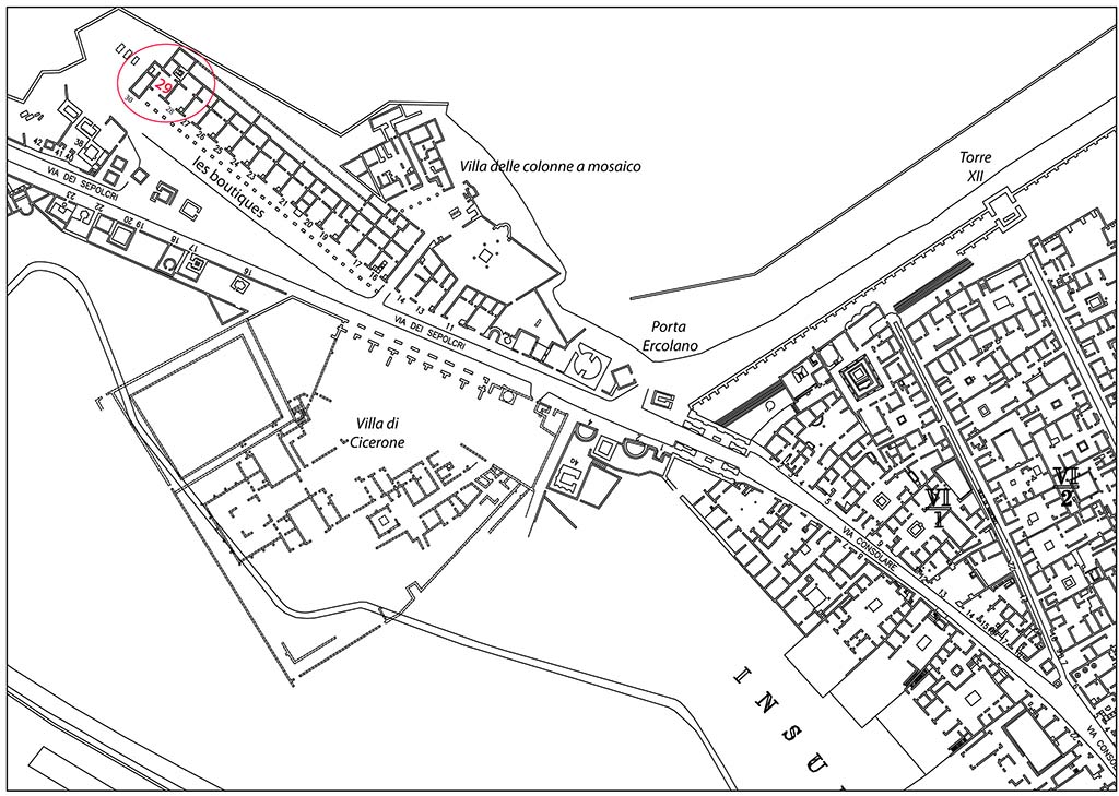 Fig. 1 - Pomp�i. Plan des boutiques situ�es le long de la via dei sepolcri.
D�apr�s A. Van der Poel, Corpus Topographicum Pompeianum: The Rica maps of Pompeii, 1983.
