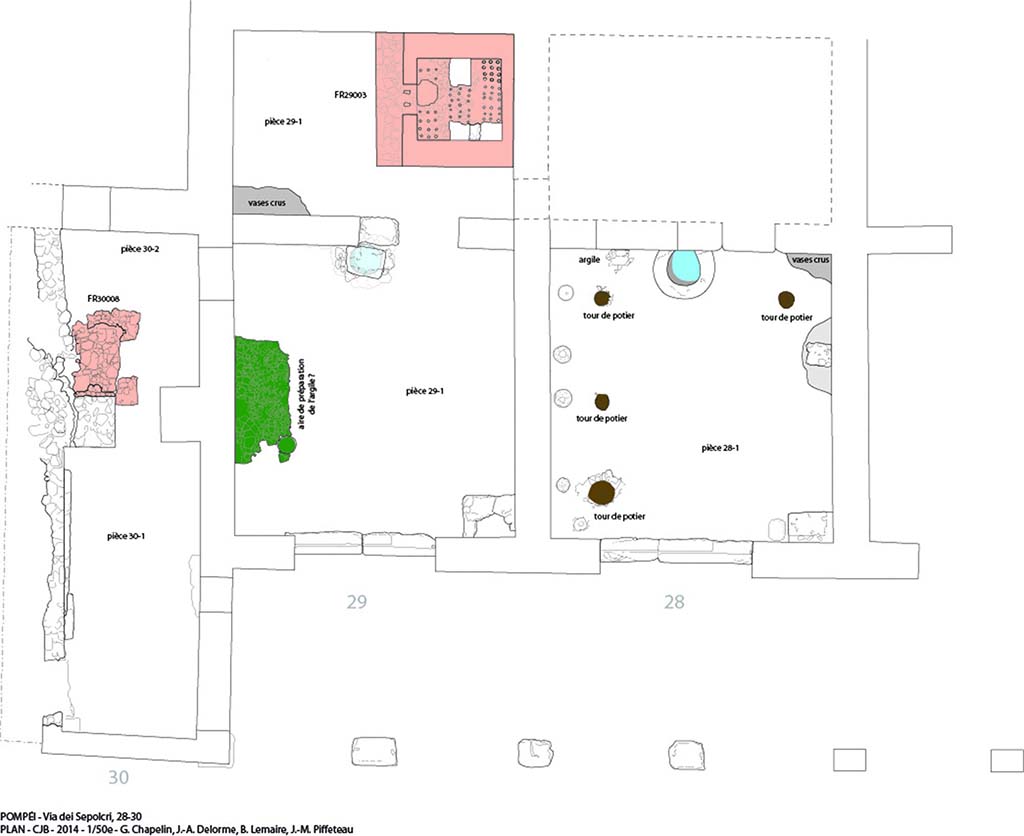 Fig. 11 - Plan de l�atelier de potier en 79 de notre �re.
G. Chapelin, J.-A. Delorme, B. Lemaire et J.-M. Piffeteau.
Original (jpeg, 711k)
