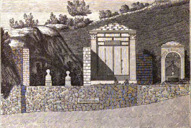 HGE41 Pompeii. 1824 drawing by Mazois showing a cross section from the front to the back.
Also shown is the bench and the cippus. See Mazois, F., 1824. Les Ruines de Pompei: Premiere Partie. Paris: Didot Freres. (pl. 4, fig. 9).