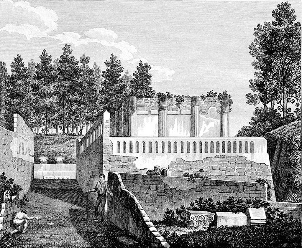 HGW04d Pompeii.  1809-11. Drawing by Mazois.
According to Mazois �The drawing offers the sight of the tomb of Mamia on the side of the sepulcretum; 
one can notice on the right, in the wall which separates this place from the street, several heads of animals encrusted, 
and which seem intentionally put to form a manner of decoration rather suitable at a place devoted to the burials. 
In the surroundings were several vault openings. It was impossible for me to find them�
See Mazois, F., 1812. Les Ruines de Pompei: Premiere Partie. Paris: Didot Fr�res. (p. 28, Pl. X).
