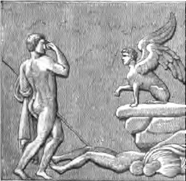 HGW20 Pompeii. 1884 drawing of stucco relief of Oedipus and the Sphinx from one of the small pilasters. See Overbeck J., 1884. Pompeji in seinen Geb�uden, Alterth�men und Kunstwerken. Leipzig: Engelmann. (p. 417, fig. 217).