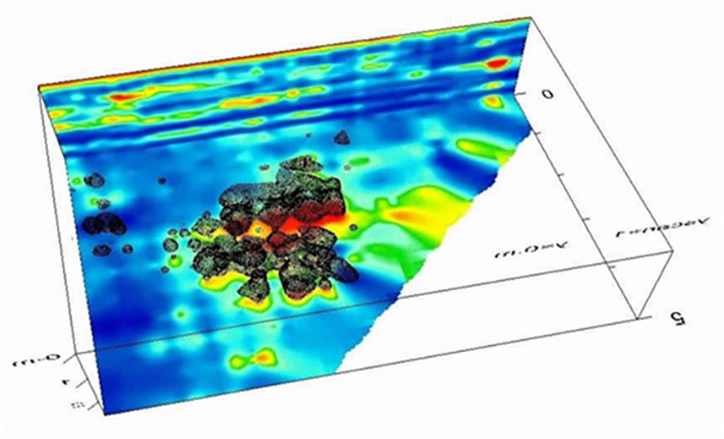 NGH Pompeii. 2010 Geophysical survey showing a number of small anomalies that may be cinerary urns.
Photo � Soprintendenza Speciale per i Beni Archeologici di Pompei, Ercolano e Stabia.
