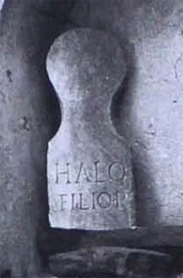 Pompeii Porta Nocera. Tomb 3ES? A columella was found to the north east of 1ES.
This had the inscription
HALO
FILIO P(ater).
This could not necessarily be attributed to either 1ES or 3ES.
It is pictured here in the lararium niche in the atrium of II.8.5.
See Carratelli, G. P., 1990-2003. Pompei: Pitture e Mosaici: Vol. III. Roma: Istituto della enciclopedia italiana, p. 321.
