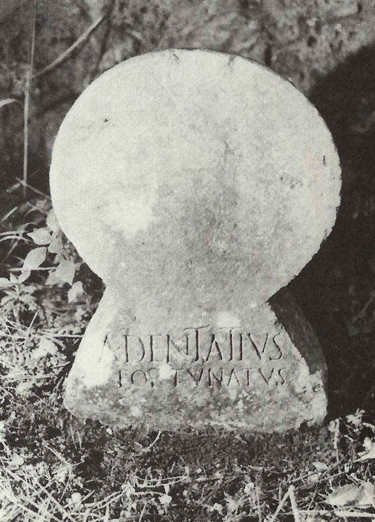 Pompeii Porta Nocera. Tomb 15ES. Compact white limestone columella of Aulus Dentatius Fortunatus.
This has the inscription A(ulus) DENTATIVS FORTVNATVS.
See D’Ambrosio, A. and De Caro, S., 1983. Un Impegno per Pompei: Fotopiano e documentazione della Necropoli di Porta Nocera. Milano: Touring Club Italiano. (15ES).