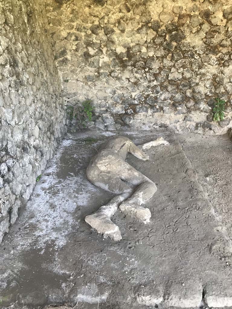 Pompeii, outside Porta Nocera. April 2019. Plaster cast of remains of a second fleeing victim found in 1956/7.
Photo courtesy of Rick Bauer.