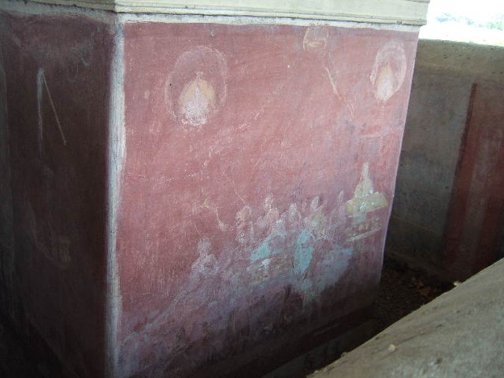 VGJ Pompeii.  May 2006.  Inner tomb south wall.  Painting of the funeral repast.  Engelmann describes this as �a funeral repast of which six persons partake, partly standing, partly sitting round a table.  Three servants are also discernable who bring food and drinks".  See Engelmann, W., 1929.  New Guide to Pompeii: Second Edition.  Engelmann. (p. 55).
