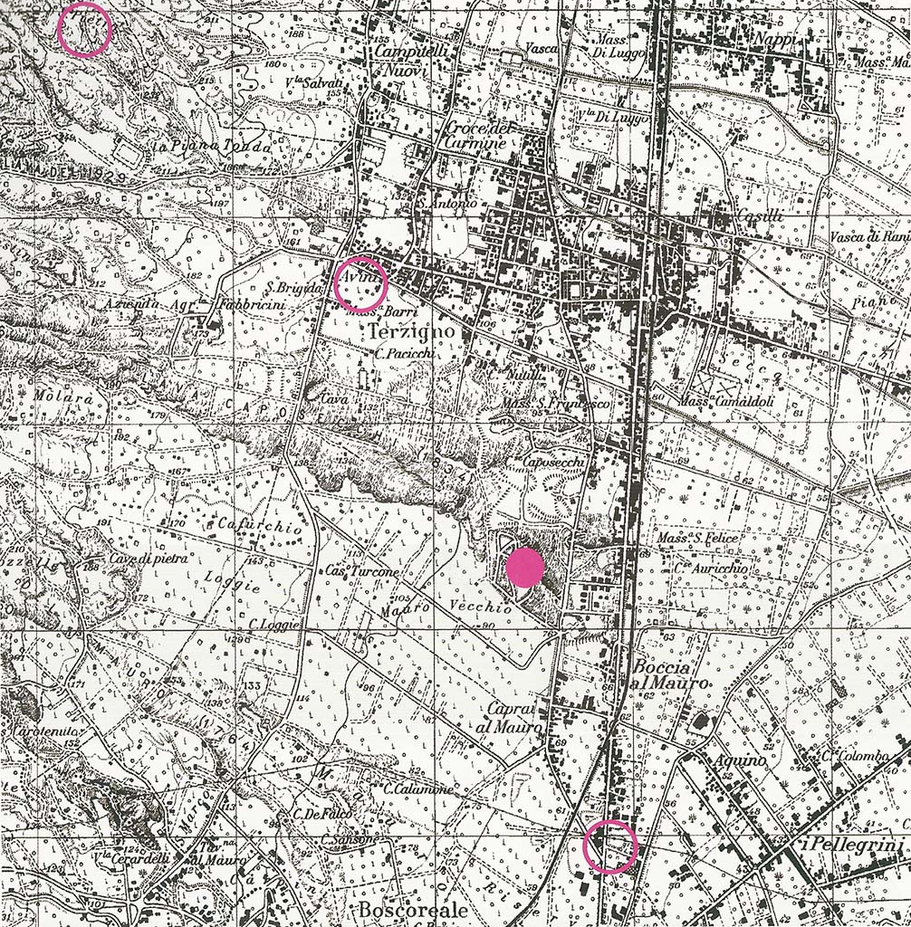 Terzigno, Località San Pietro. Terzigno archaeological discoveries location plan.
Top left circle is Località San Pietro discovered in 1992.
Lower circle is remains in Contrada Avini discovered in 1976.
The solid circle is Villas 1, 2, 6 and other remains in Cava Ranieri, Bocca al Mauro.

