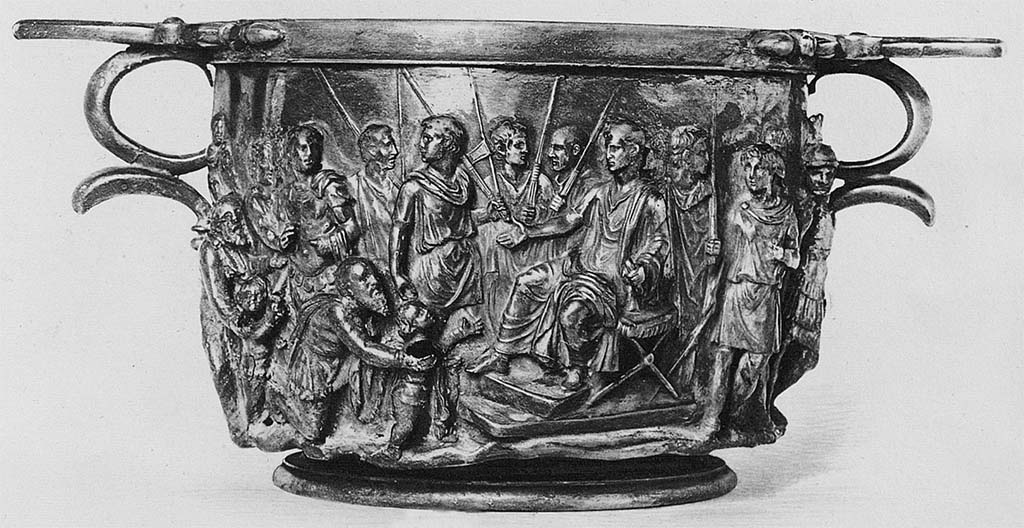 Villa della Pisanella, Boscoreale. 1901. Silver skyphos, Augustus and the barbarians. State when found. Side 1.
According to De Villefosse in 1901 this was in the Cabinet du Baron Edmond de Rothschild.
Skyphos argent�, Auguste et les barbares. �tat lorsqu'il est trouv�. C�t� 1. 
Selon De Villefosse en 1901, cela a �t� conserv� dans le cabinet du Baron Edmond de Rothschild.
Voir/See De Villefosse H., 1899. L'argenterie et bijoux d'or du tr�sor de Boscoreale description des pi�ces conserv�es au Mus�e du Louvre: Monuments et Memories 5 1899 with supplement 1902, pl. XXXI.
