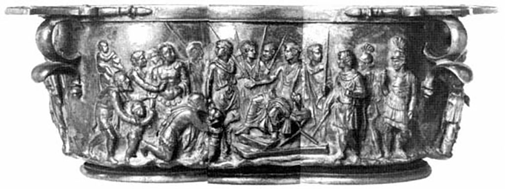 Villa della Pisanella, Boscoreale. Skyphos, Augustus Cup: expanded detail view of the first side when found.
According to Kuttner, the scene shows Augustus' World Rule. Mars and the provinces�Africa, Asia, Gallia, Hispania, et al, Augustus, Drusus, and the Princelings of Gallia Comata.
Skyphos, coupe Auguste: vue d�taill�e �largie du premier c�t� lorsqu'elle est trouv�e.
Selon Kuttner, la sc�ne montre la r�gle mondiale d'Auguste. Mars et les provinces - Afrique, Asie, Gaule, Hispanie, et al, Auguste, Drusus, et les Princelings de Gaule Comata.
See Kuttner, Ann L. 1995. Dynasty and Empire in the Age of Augustus: The Case of the Boscoreale Cups  Berkeley: University of California Press, p. 12, pl. 13.
https://publishing.cdlib.org/ucpressebooks/view?docId=ft309nb1mw&chunk.id=d0e182&toc.id=d0e182&brand=eschol
