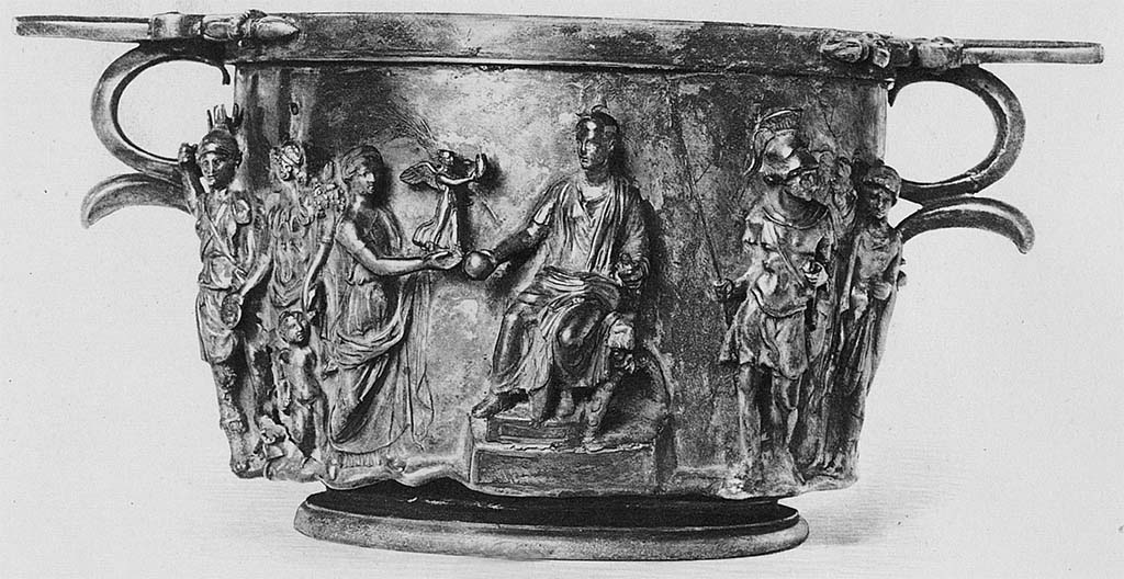 Villa della Pisanella, Boscoreale. 1901. Silver skyphos, Augustus and the barbarians. State when found. Side 2.
According to De Villefosse in 1901 this was in the Cabinet du Baron Edmond de Rothschild.
Skyphos argent�, Auguste et les barbares. �tat lorsqu'il est trouv�. C�t� 2. 
Selon De Villefosse en 1901, cela a �t� conserv� dans le cabinet du Baron Edmond de Rothschild.
Voir/See De Villefosse H., 1899. L'argenterie et bijoux d'or du tr�sor de Boscoreale description des pi�ces conserv�es au Mus�e du Louvre: Monuments et Memories 5 1899 with supplement 1902, pl. XXXI.

