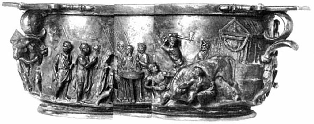 Villa della Pisanella, Boscoreale. Skyphos, Tiberius Cup: expanded detail view of the second side.
The scene shows the sacrifice of a bull.
Skyphos, coupe de Tib�re: vue d�taill�e �largie de la deuxi�me c�t�.
La sc�ne montre le sacrifice d'un taureau.
See Kuttner, Ann L. 1995. Dynasty and Empire in the Age of Augustus: The Case of the Boscoreale Cups  Berkeley: University of California Press, p. 12, pl. 14.
https://publishing.cdlib.org/ucpressebooks/view?docId=ft309nb1mw&chunk.id=d0e182&toc.id=d0e182&brand=eschol
