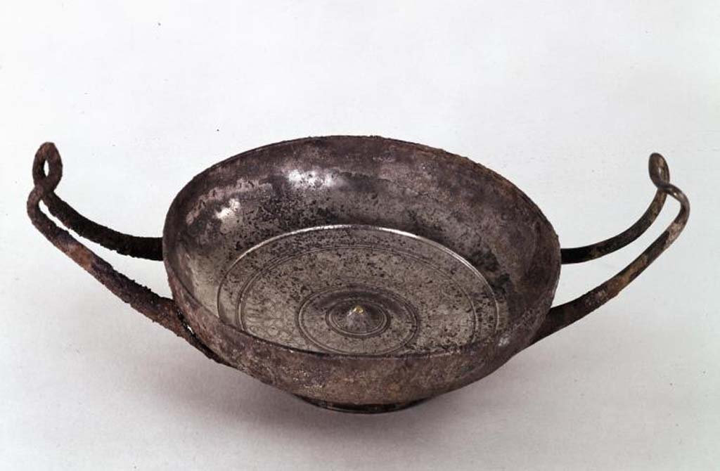 Villa della Pisanella, Boscoreale? Stemless silver cup engraved with floral designs and with a gold pin in the centre.
The cup was purchased by the museum from V. Vitalini in 1897. 
The bronze Scylla dish (inventory number BM 1897,0726.7) found in Villa Pisanella was also acquired from V. Vitalini in 1897.
Both items are shown simply on the BM website as Boscoreale. Is this silver cup also from Villa Pisanella?
Photo � Trustees of the British Museum, inventory number BM 1897,0726.1. Use subject to CC BY-NC-SA 4.0.