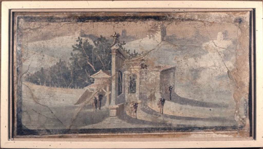 Villa rustica del fondo Ippolito Zurlo, Pompeii. Room B triclinium. North wall.
Landscape depicting a building with a nearby walled garden.
A cornucopia is on the highest point of the building. Size 0.32m high and 0.61m wide.
Photo © Trustees of the British Museum. Inventory number 1899.2-15.3.
See Landscape with building at britishmuseum.org
See Notizie degli Scavi di Antichità, 1897, p. 394.
