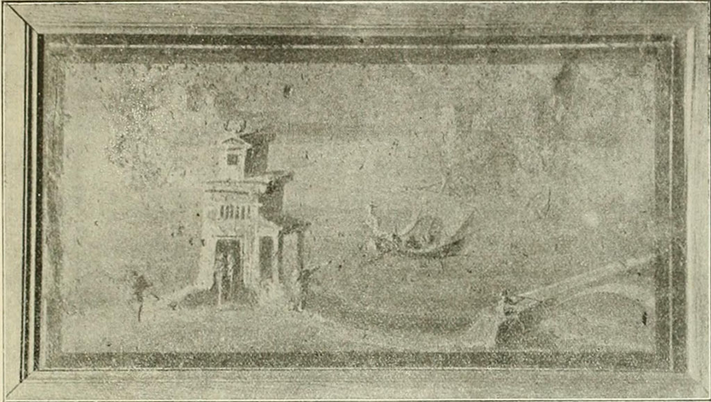 Villa rustica del fondo Ippolito Zurlo, Pompeii. 1897. Room B triclinium. East wall.
According to Sogliano, in the right yellow panel, (east wall) was a painting of a river view.
On the front bank of the river was, towards the left, a building and to the right, a bridge, on which sat a fisherman.
Two sailboats were in the river or pond.
See Notizie degli Scavi di Antichità, 1897, p. 395, fig. 3.