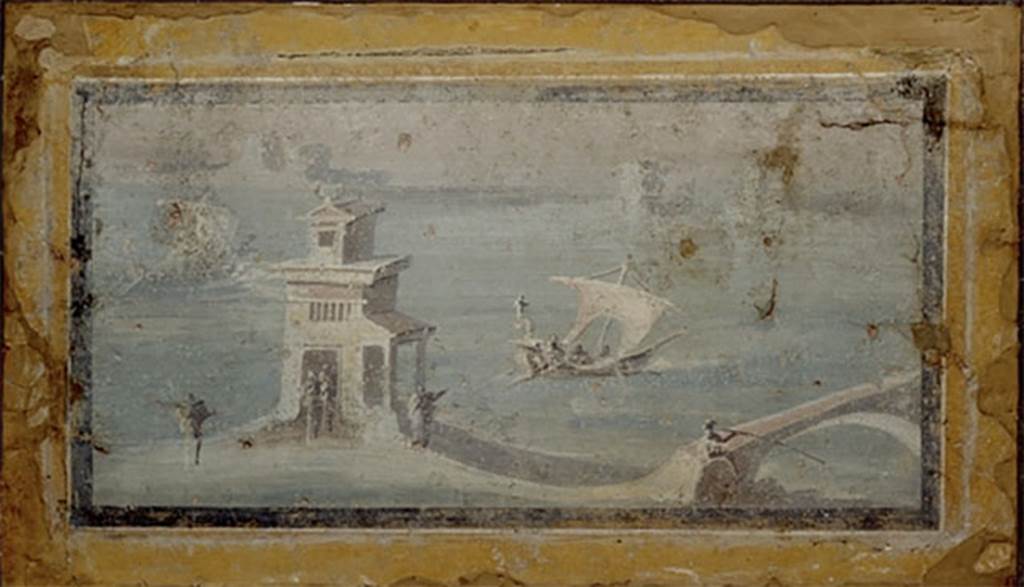 Villa rustica del fondo Ippolito Zurlo, Pompeii. Room B triclinium. East wall.
Painting of a coastal view with a building, a bridge on which sat a fisherman, and two boats.
Photo © Trustees of the British Museum. Inventory number 1899.215.2.
See Coastal landscape with boat at britishmuseum.org