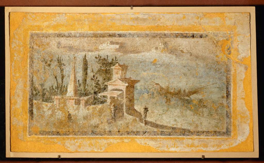 Villa rustica del fondo Ippolito Zurlo, Pompeii. 2005. Room B triclinium. South wall.
Painting of a landscape of the seashore, with a boat, a pyramid and a building with garden at its back.
Now in the Louvre. Inventory number P24.
Photo © RMN-Grand Palais (musée du Louvre) / Erich Lessing.
Paysage Maritime Louvre P24 on rmn.fr