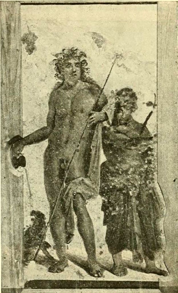 Villa rustica del fondo Ippolito Zurlo, Pompeii. 1897, Torcularium H.
Painting of Bacchus and Silenus on the pillar to the right of the small entrance doorway.
According to Sogliano, the torcularium was used for the grapes, as demonstrated by a painting of Bacchus and Silenus.
In front of the painting was a square masonry altar covered with plaster which leaned against the same pillar.
The altar measured 0.39m high, 0.32m wide, and 0.30m deep.
The painting, which was cut out by De Prisco, is here reproduced here.
See Notizie degli Scavi di Antichità, 1897, p. 399-400, fig. 10.