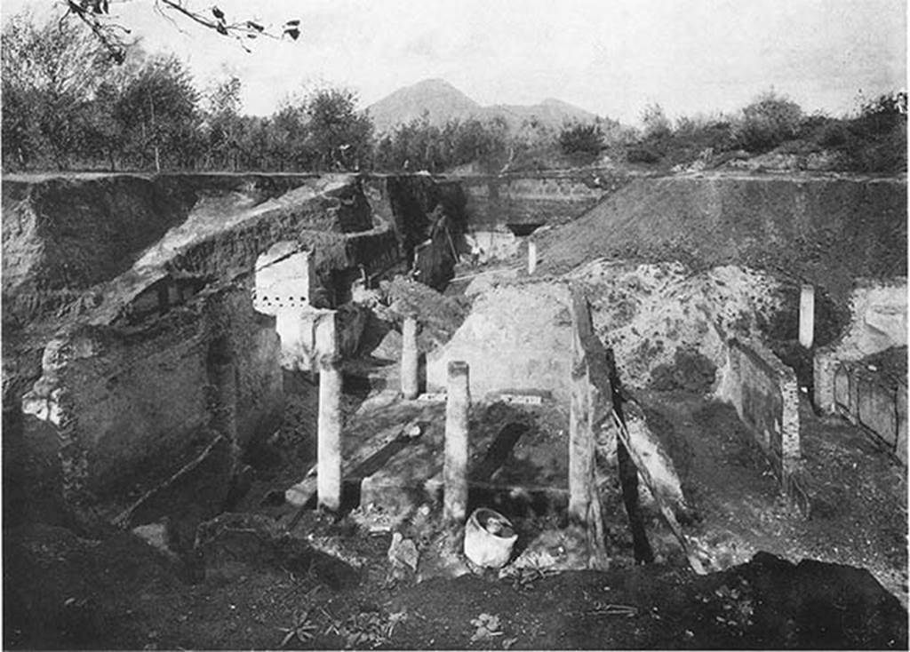 Villa of P. Fannius Synistor at Boscoreale. The excavations in mid September 1900.
Most of the villa had by then been newly buried again. 
Corridor C is far right, leading to peristyle E. Room D is to the left of C and then room 24 to its left.
According to Barnabei, the whole building was the owner�s house, except a portion (room 24) to the left of the entrance, which was used for the business.
The main entrance of the villa was approached by a flight of five broad steps of Vesuvian lava. 
These were on the north side of a small peristyle/colonnaded forecourt [A] which was only partly excavated.
See Barnabei F., 1901. La villa pompeiana di P. Fannio Sinistore. Roma: Accademia dei Lincei. Tav. XI.
