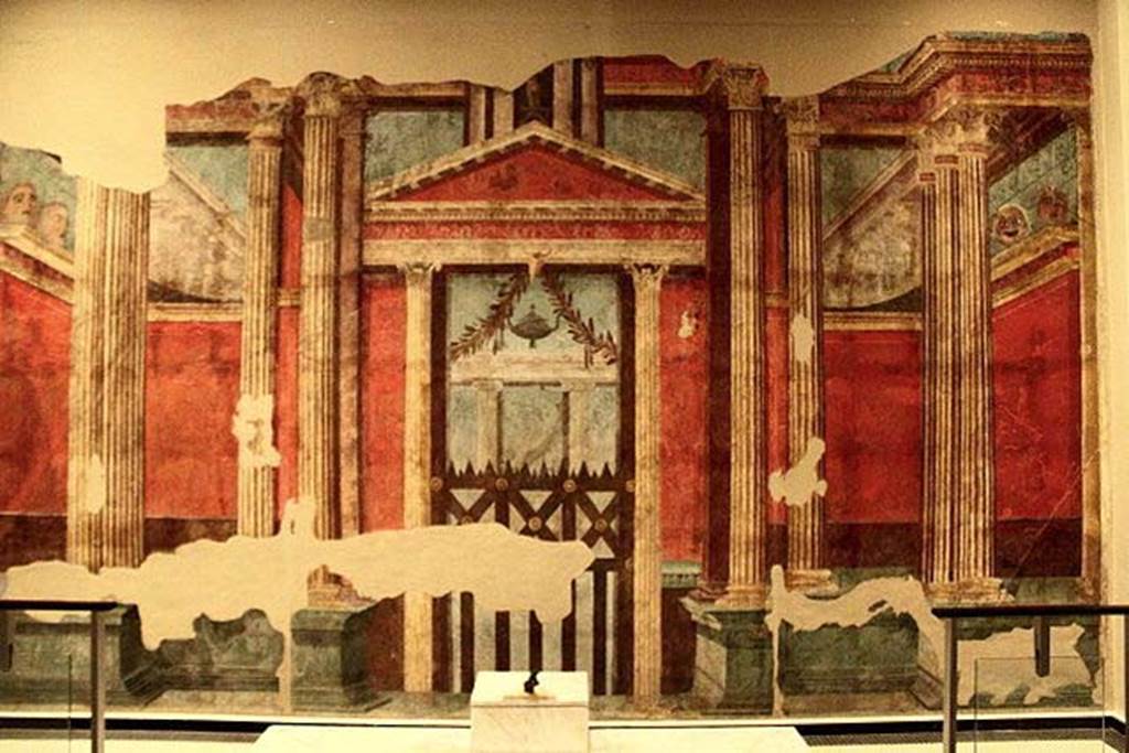 Villa of P. Fannius Synistor at Boscoreale. Room G triclinium, south wall. Wall-painting depicting a facade in front of an entrance to a peristyle. Now in the Mus�e Royal de Mariemont, Morlanwelz, Belgium. http://www.musee-mariemont.be/
Photo courtesy of Michel Wal, Wikimedia Commons. This photo is subject to an Attribution-ShareAlike 3.0 Unported licence.