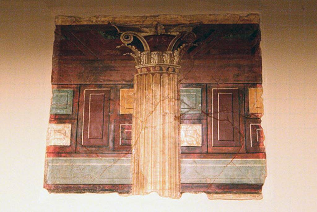 Villa of P. Fannius Synistor at Boscoreale. Dressing room I of the large triclinium.
One of the three pieces detached from the wall. This would appear to be the one illustrated by Sambon in the 1903 cataloge.
See Sambon A, 1903. Les Fresques de Boscoreale. Paris and Naples: Canessa. 26-28 p. 17.
Now in the Mus�e Royal de Mariemont, Morlanwelz, Belgium.
http://www.musee-mariemont.be/
Photo courtesy of Michel Wal, Wikimedia Commons. 
This photo is subject to an Attribution-ShareAlike 3.0 Unported licence.

