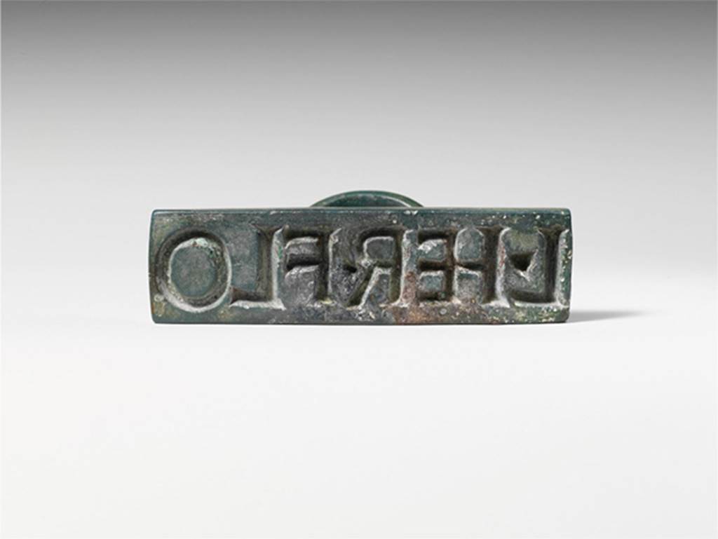 Villa of P. Fannius Synistor at Boscoreale. Bronze seal and stamp engraved L. HER. FLO
In the later times the villa was perhaps in the ownership of L. Herius Florus or L. Herennius Florus, whose seal was found in the house.
According to De Petra, the seal was discovered on the 15th January 1901 and gives the name L. Herio Floro.
See Rendiconto delle Tornate e dei Lavori dell'accademia di Archeologia, Lettere e Belle Arti, Vol. XV, 1901, p. 40. See at B.I.A.S.A
According to Della Corte, the seal gives the name of the possessor of the villa in the last days of Pompeii as L. Herius Florus.
See Della Corte, M., 1965. Case ed Abitanti di Pompei. Napoli: Fausto Fiorentino, no. 968, p. 430.
According to the Metropolitan Museum New York, the stamp was presumably his property and likely served as the official seal of the household used to mark provisions.
Photo � The Metropolitan Museum of Art, Fletcher Fund 1930.
According to Sambon, it shows Lucius Herennius Florus, the name that the Metropolitan Museum also uses.
See Sambon, A., 1903. Les fresques de Boscoreale, Paris-Naples, p. 2. 

