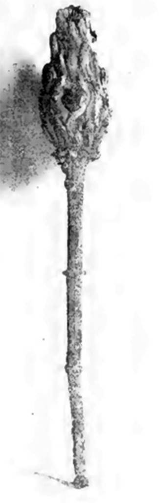 Villa of T. Siminius Stephanus, fondo Barbatelli. 24th November 1899. Found at a depth of 3.80m, found between the ash layers. A lovely lantern in the form of a small torch. The lower part of the handle was movable: length 310mm. See Notizie degli Scavi di Antichit�, 1899, p. 441, fig. 3.