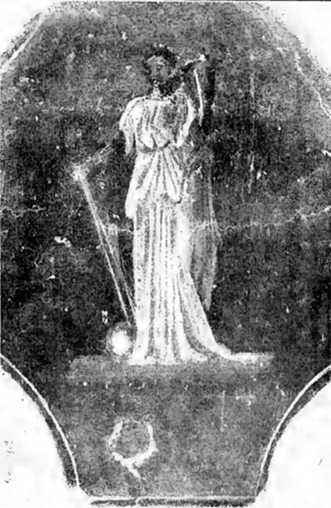 Villa of T. Siminius Stephanus, fondo Barbatelli. December 1899. Found in a room on the upper floor, was a painting of the Fortuna, painted on a red background. The goddess, 0.38m high, clothed in a green tunic with purple cloak held a cornucopia in her left hand and a rudder in her right hand, leaning on the earth. At her feet, the globe could be seen. The head, the arms, the cornucopia and the rudder were a monochrome red. See Notizie degli Scavi di Antichit�, 1899, p. 494, fig. 1.